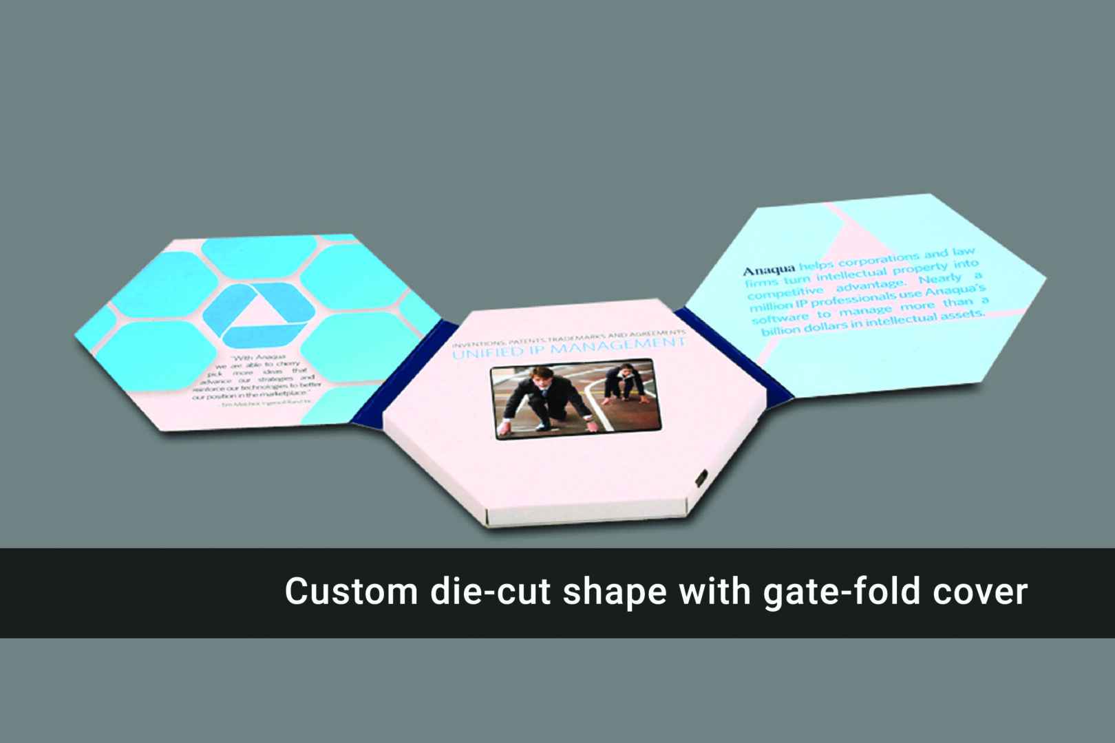 A custom die-cut shape with gate fold design.