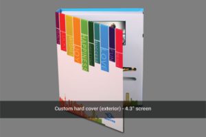 A custom hard cover book with a rainbow colored strip.