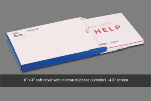 A soft cover with custom slipcase for the help logo.