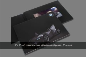 A bmw brochure with custom slipcase and 5 screen