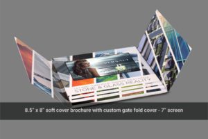 A soft cover brochure with custom gate fold cover