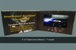 A video brochure with a large screen and an image of the inside.