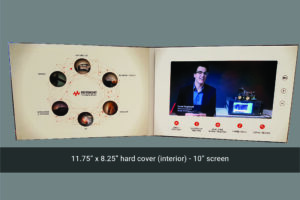 A video brochure with a hard cover and 1 0 inch screen