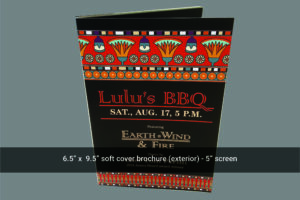 A brochure for lulu 's bbq in the earth wind and fire theme.