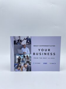 A business card with an image of people and text.