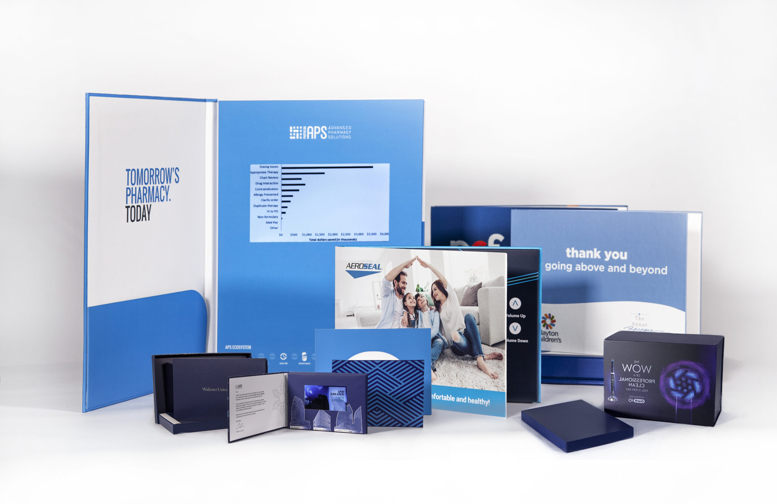 A group of blue and white boxes with various items.